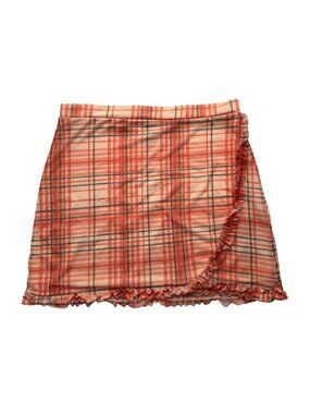 Urban Outfitters Orange White Plaid Mini Skirt Ruffled Hem Sz Sm
